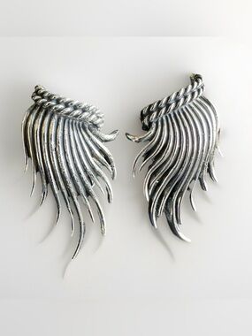 VTG Charel Signed Silver Tone Mid Century Modern Feather Wing Clip On Earrings